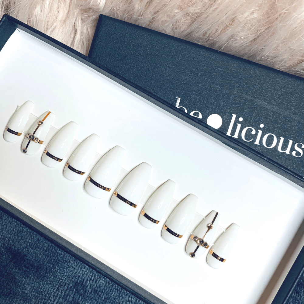 Pearly Gold White Almond Press On Nails - She's A Beat Beauty