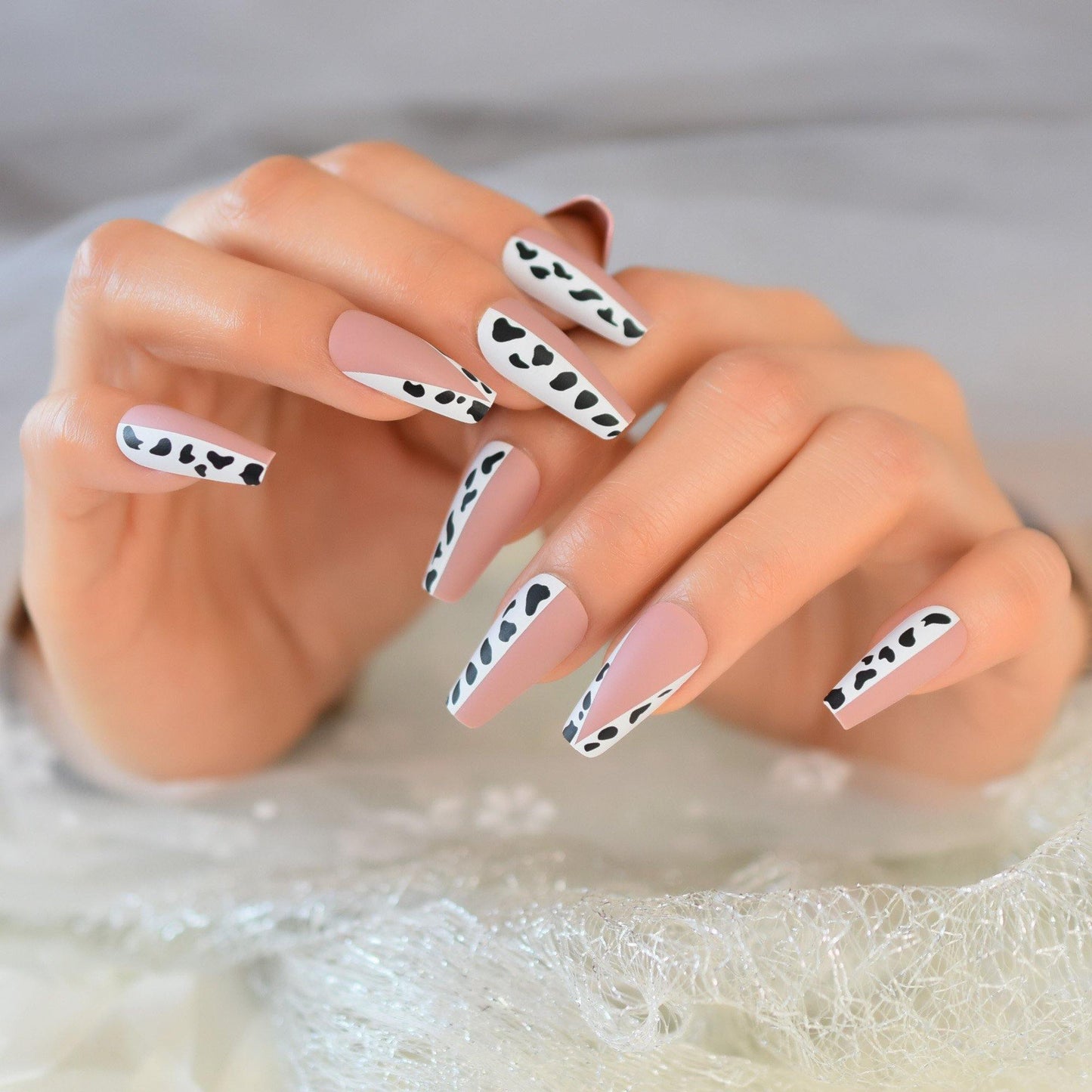 Beige White Cow Coffin Press On Nails - She's A Beat Beauty