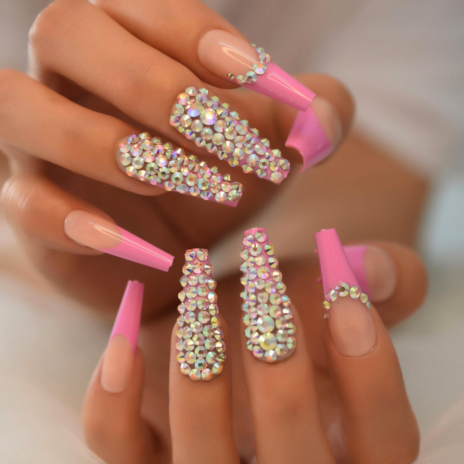 Pink French Tip Rhinestone Press On Nails