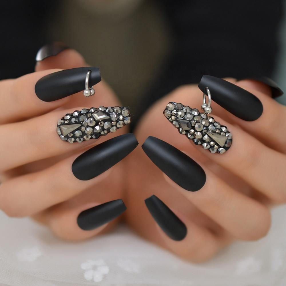 Black Matte Nails with Sparkling Glitter