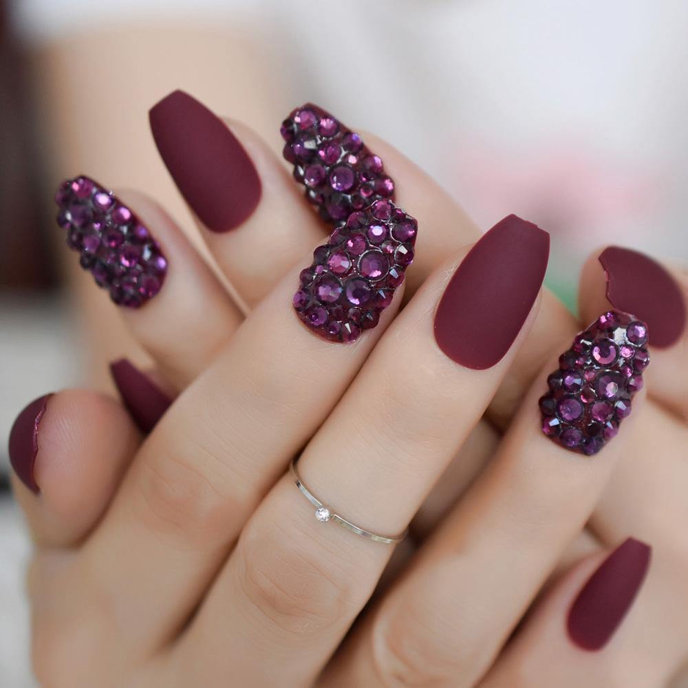 Red Wine Matte Coffin Press On Nails - She's A Beat Beauty