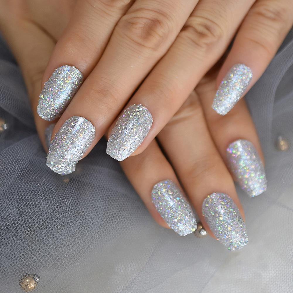 Silver Glitter Coffin Press On Nails - She's A Beat Beauty