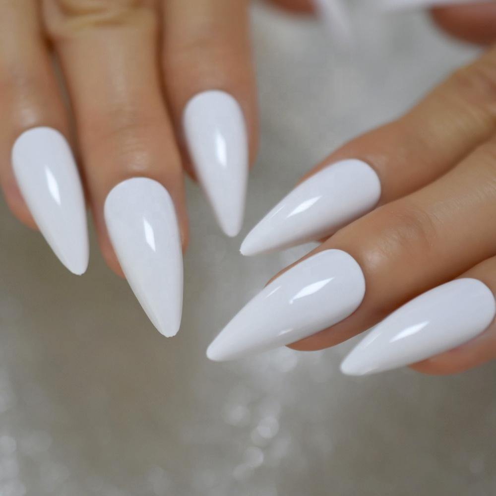 Shiny White Pointed Press On Nails - She's A Beat Beauty
