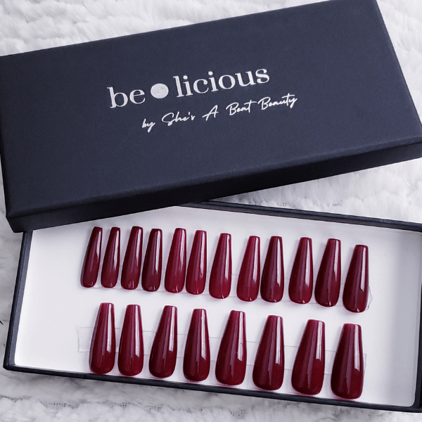 Long Wine Red Coffin Press On Nails - She's A Beat Beauty