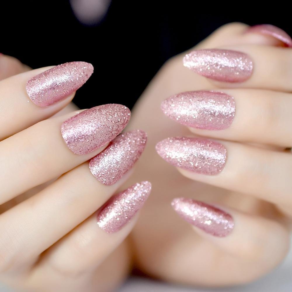 Rose Gold Glitter Stiletto Nails – She's A Beat Beauty