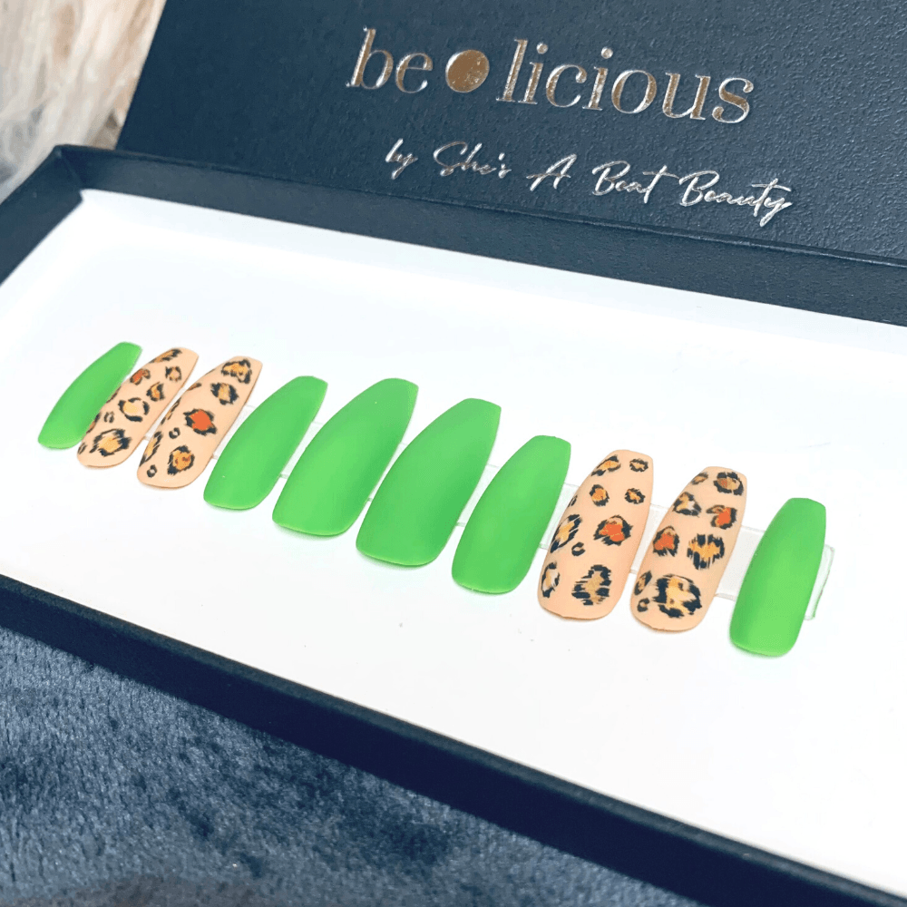 Green Leopard Almond Press On Nails - She's A Beat Beauty