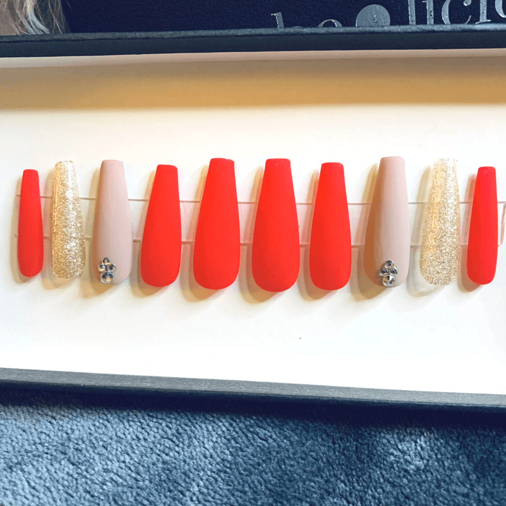 Red & Gold Coffin Press On Nails - She's A Beat Beauty