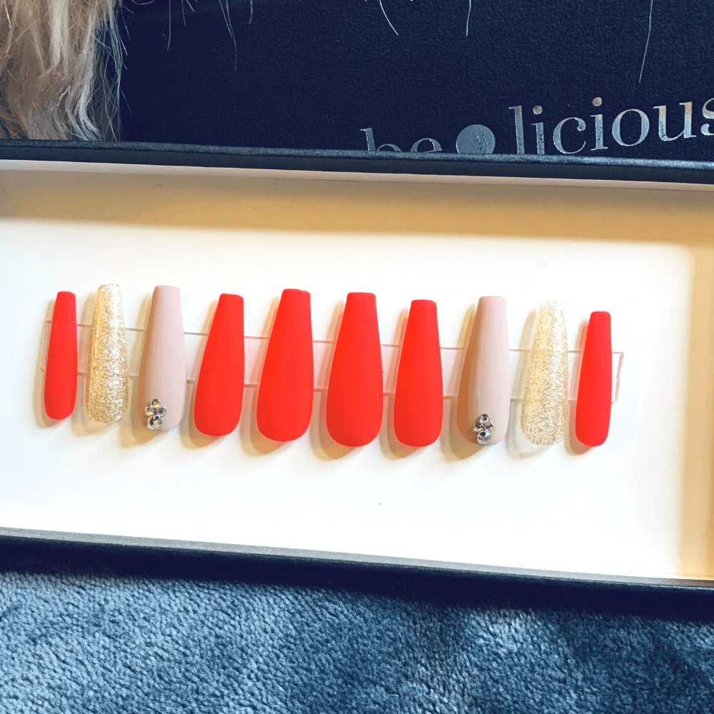 Red & Gold Coffin Press On Nails - She's A Beat Beauty