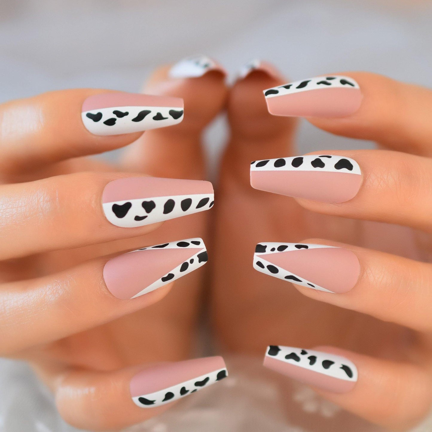 Beige White Cow Coffin Press On Nails - She's A Beat Beauty
