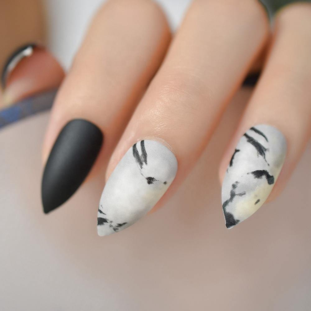 Black Matte Marble Press on Frosted Stiletto Nails - She's A Beat Beauty