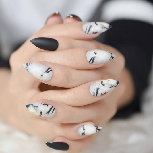 Black Matte Marble Press on Frosted Stiletto Nails - She's A Beat Beauty