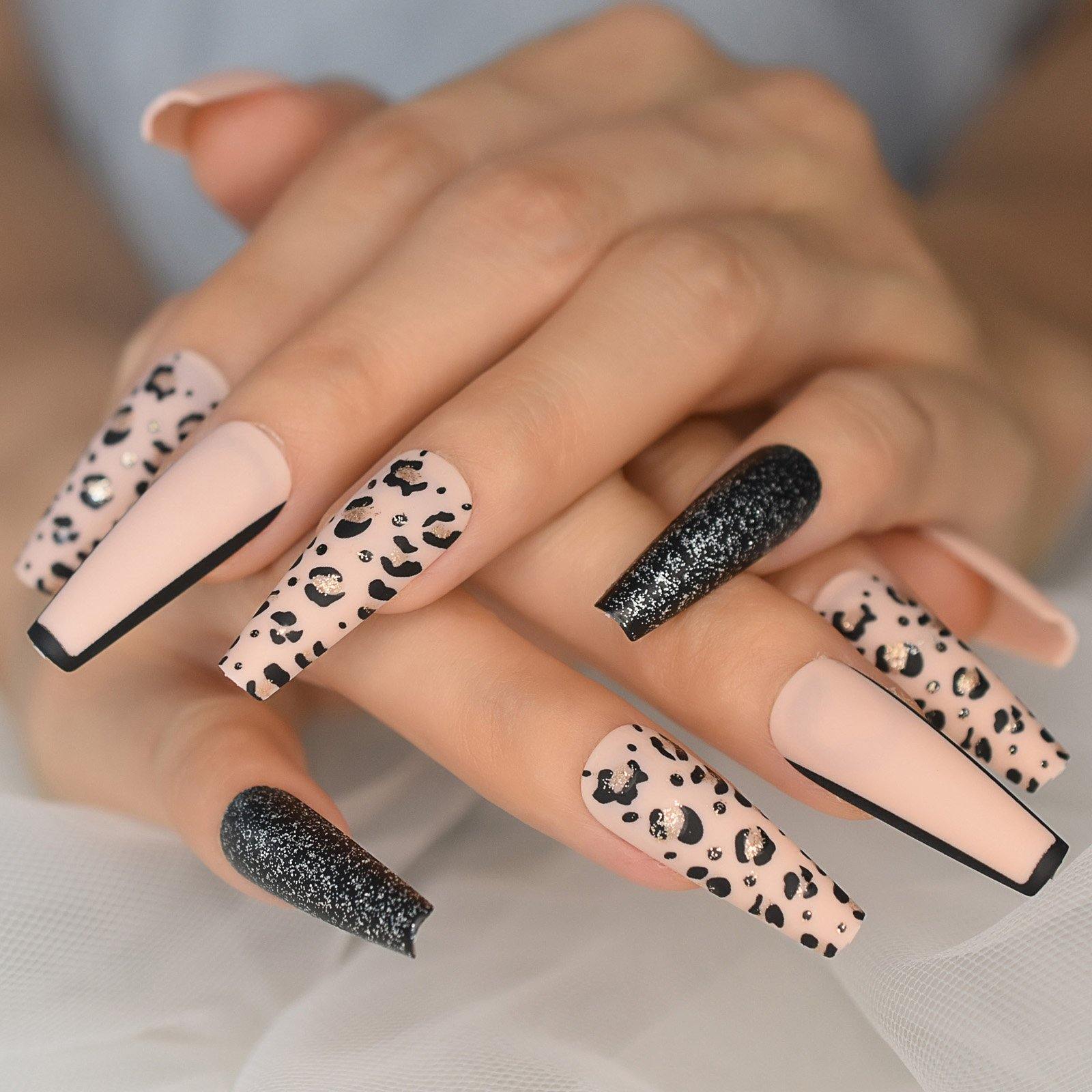 Glitter Leopard Coffin Press On Nails - She's A Beat Beauty