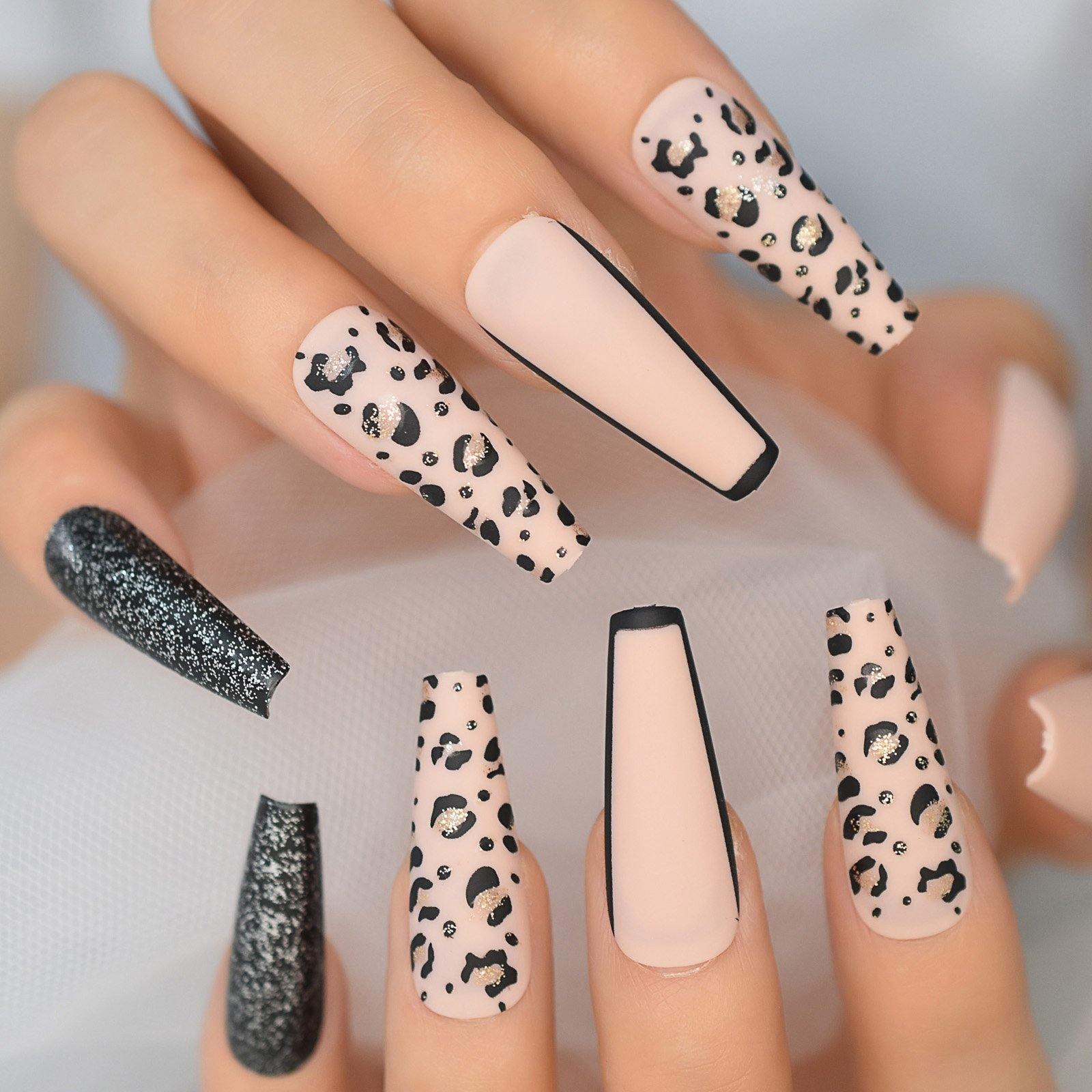 Glitter Leopard Coffin Press On Nails – She's A Beat Beauty