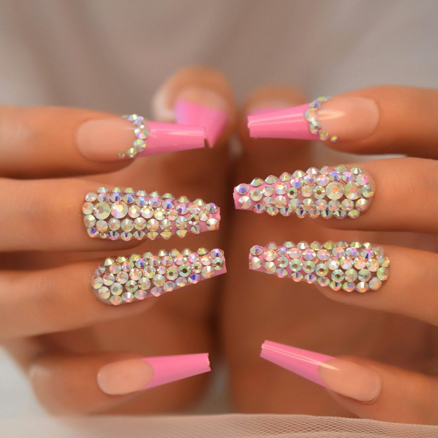 Pink French Tip Rhinestone Press On Nails - She's A Beat Beauty