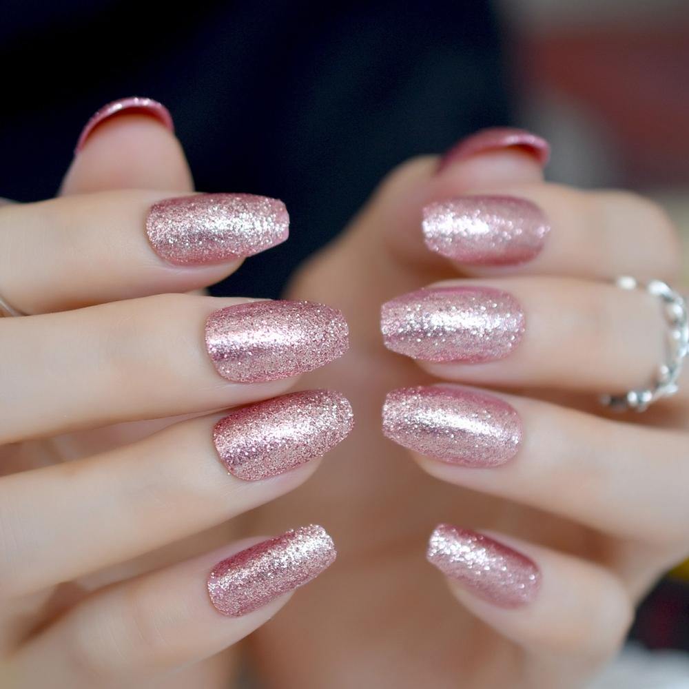 Pink Glitter Coffin Press On Nails - She's A Beat Beauty