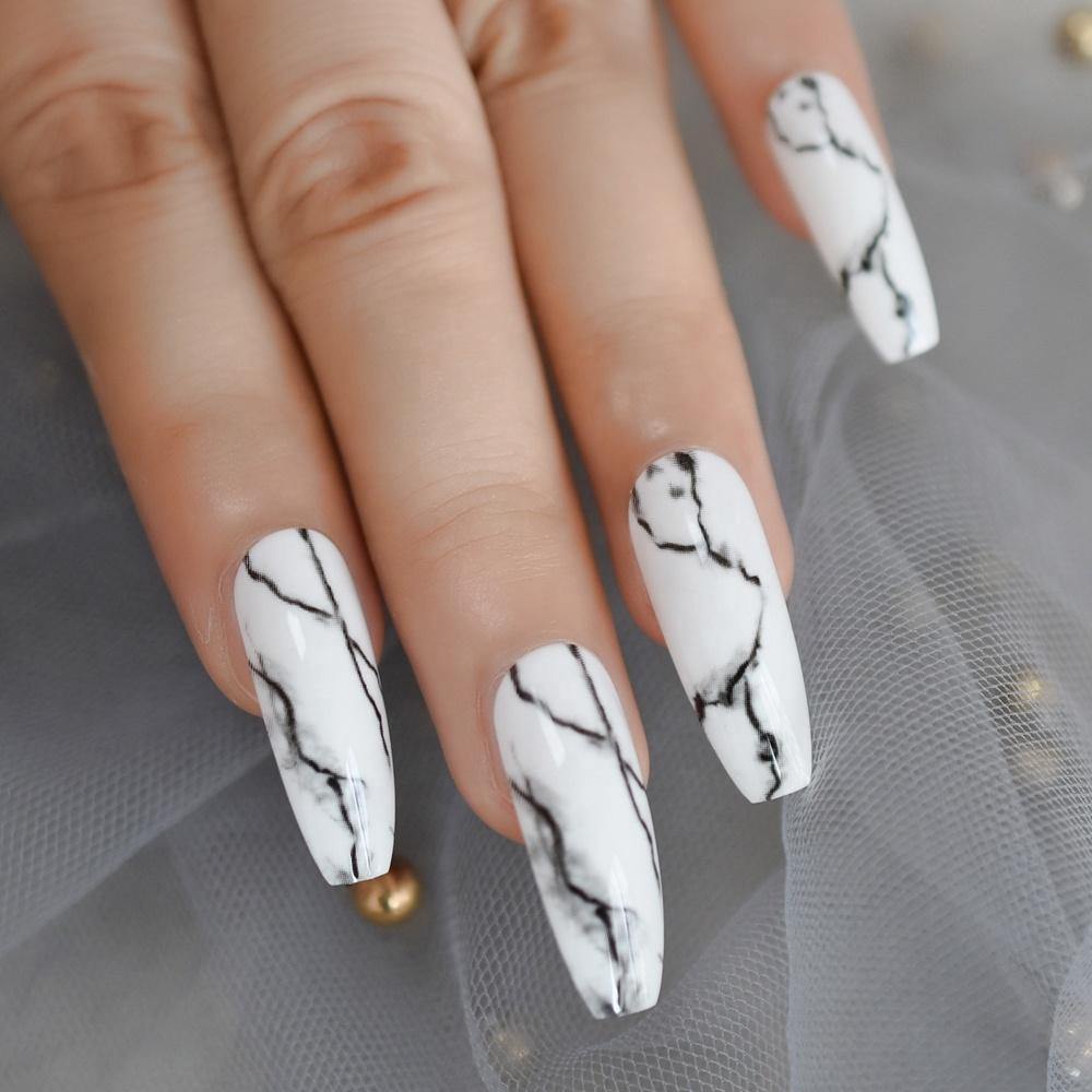 Long White Marble Coffin Nails - She's A Beat Beauty