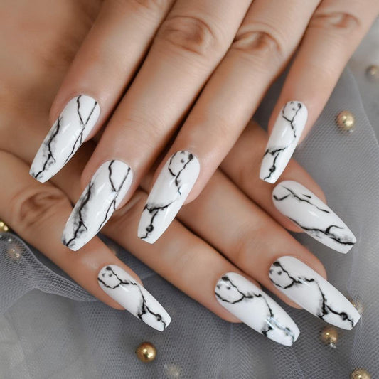 Long White Marble Coffin Nails - She's A Beat Beauty