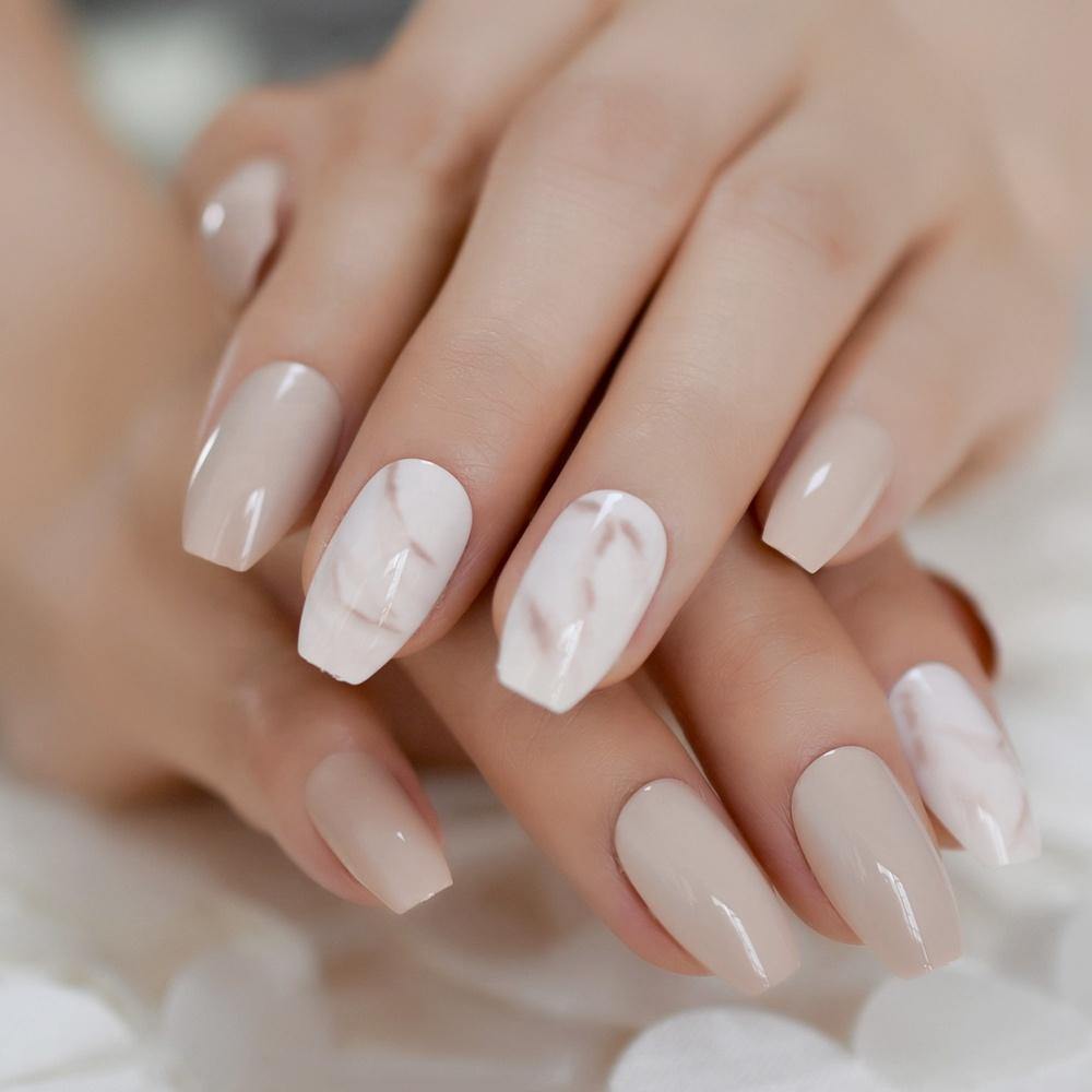 White Marble Nude Press On Nails - She's A Beat Beauty