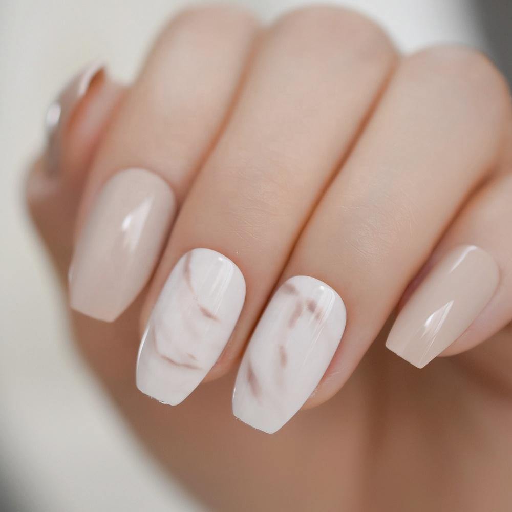 White Marble Nude Press On Nails - She's A Beat Beauty