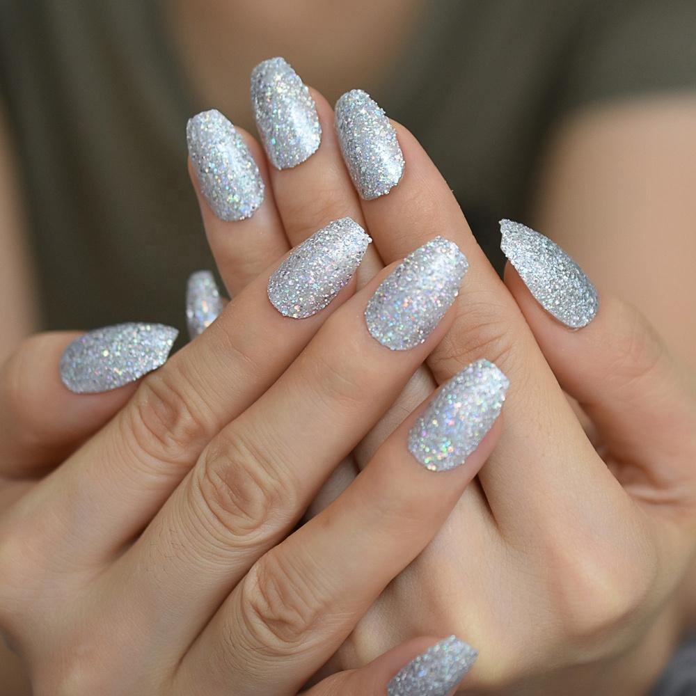 Silver Glitter Coffin Press On Nails - She's A Beat Beauty