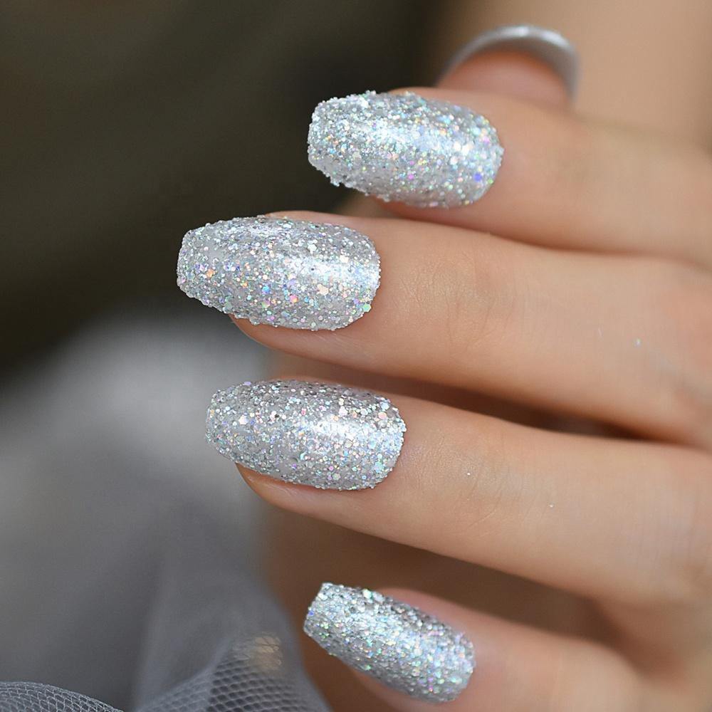 Silver Glitter Coffin Press On Nails - She's A Beat Beauty