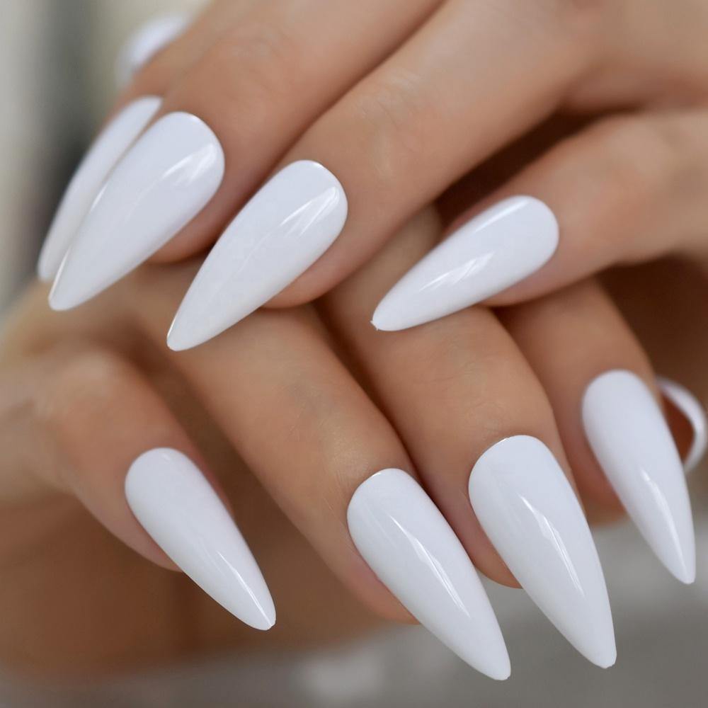 Shiny White Pointed Press On Nails - She's A Beat Beauty